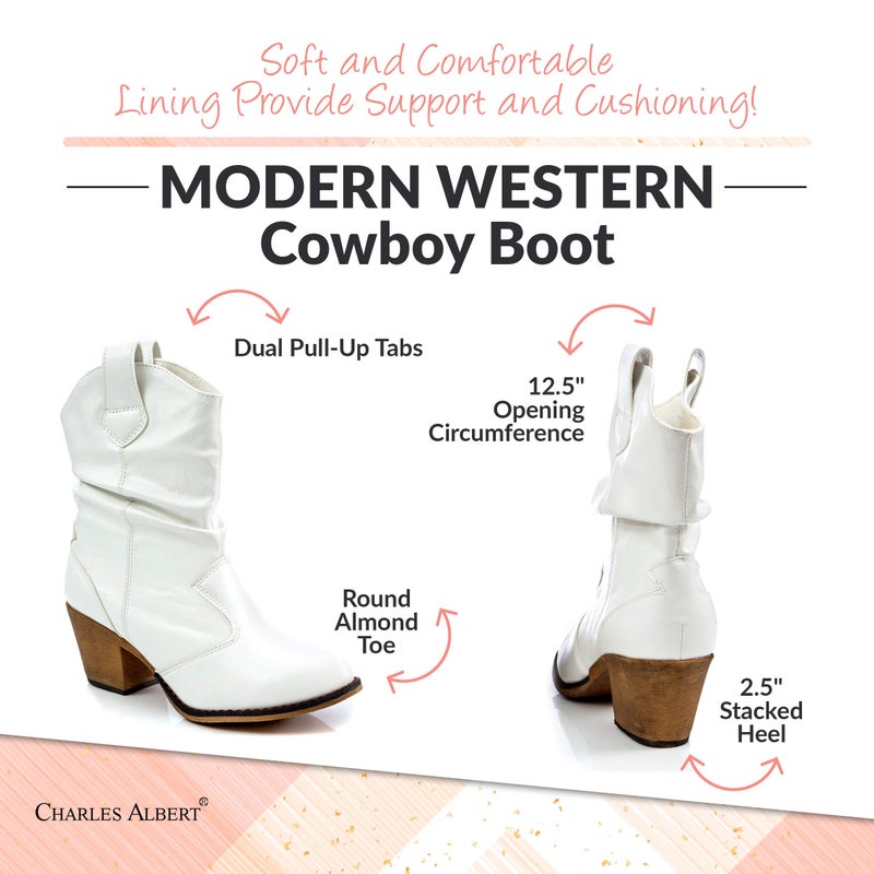 Charles Albert Modern Western Cowboy Boots for Women Ladies Stacked Heel Ankle Cowgirl Boots with Pull-Up Tabs in White Size 7 - Image 5